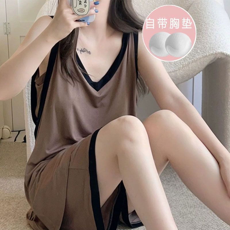 【下单立减20！】韩版背心睡衣女夏季无袖带胸垫短裤薄款宽松V领