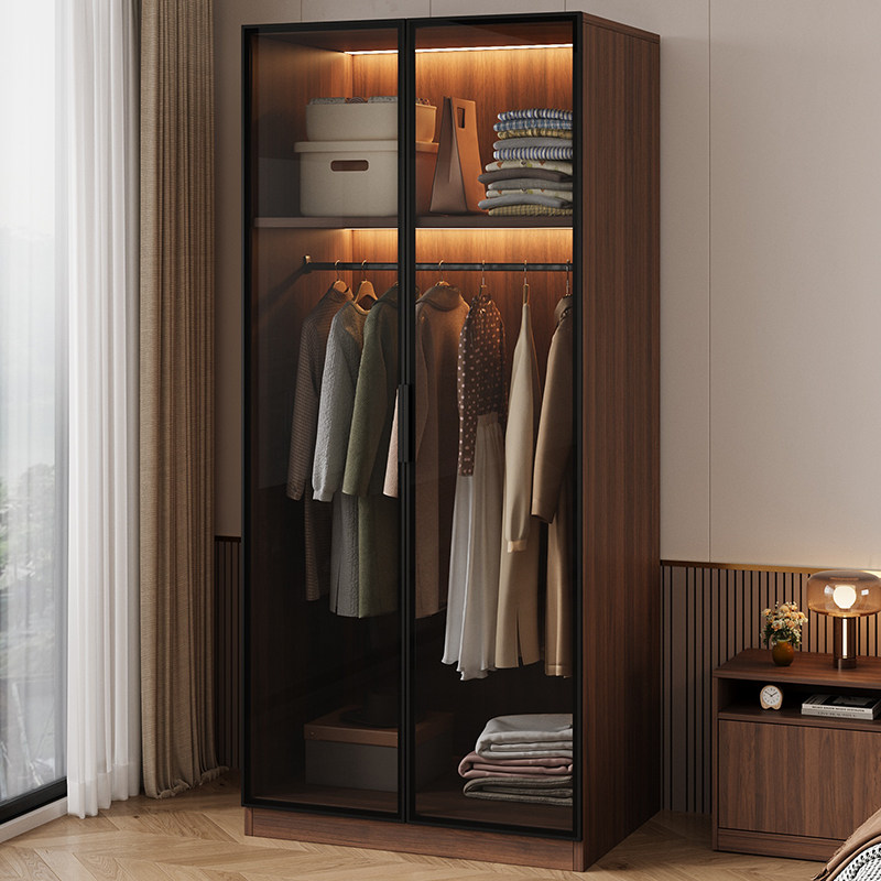 衣柜家用卧室实木简易柜子出租房用轻奢定制小户型玻璃中古风衣橱