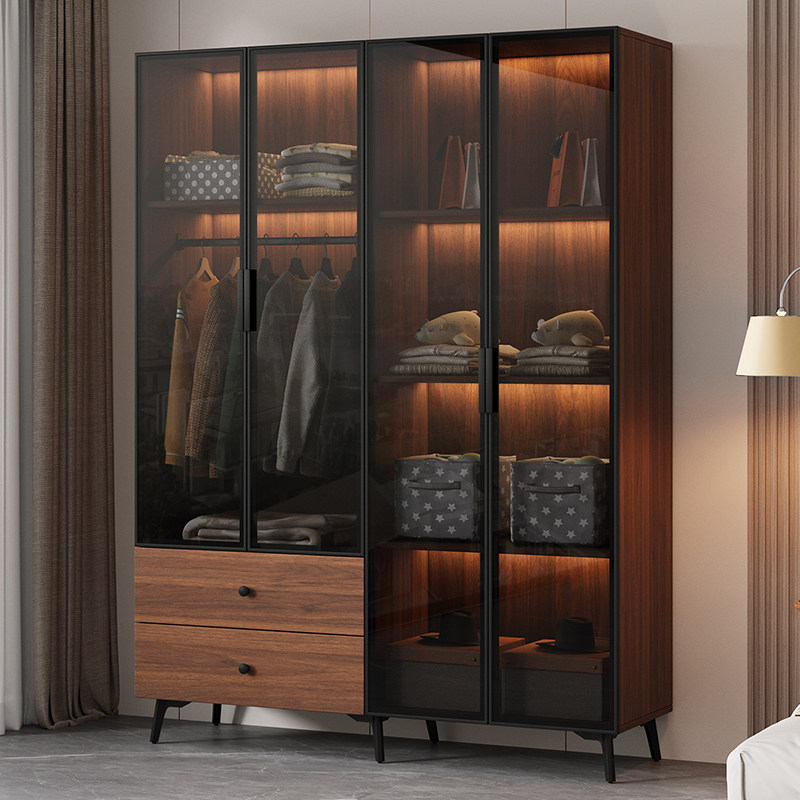 衣柜家用卧室实木小户型现代简约轻奢储物两门定制柜子玻璃大衣橱