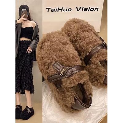 法式羊羔毛毛鞋女外穿2025冬季新款厚底百搭一脚蹬豆豆鞋加绒棉鞋