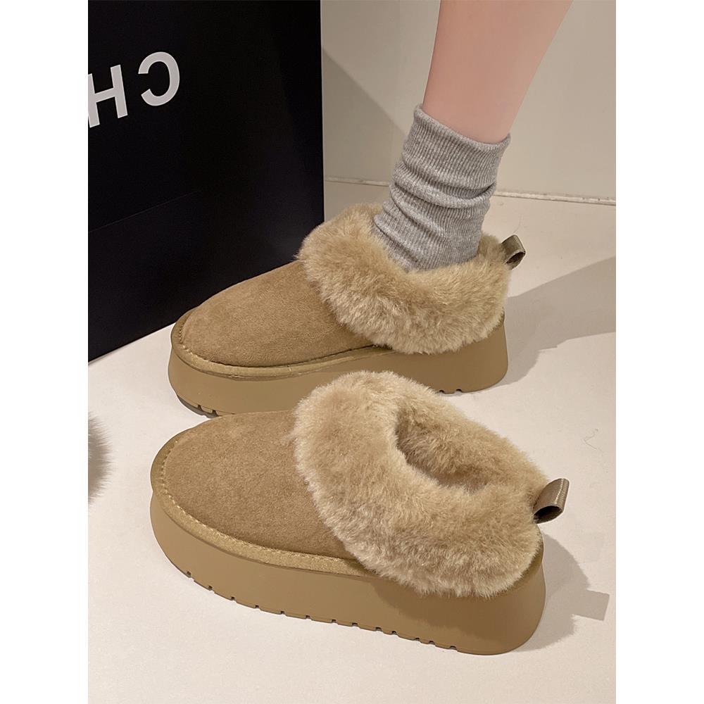 松糕厚底毛毛雪地靴女款2025新款冬季低帮加绒加厚保暖面包鞋棉鞋