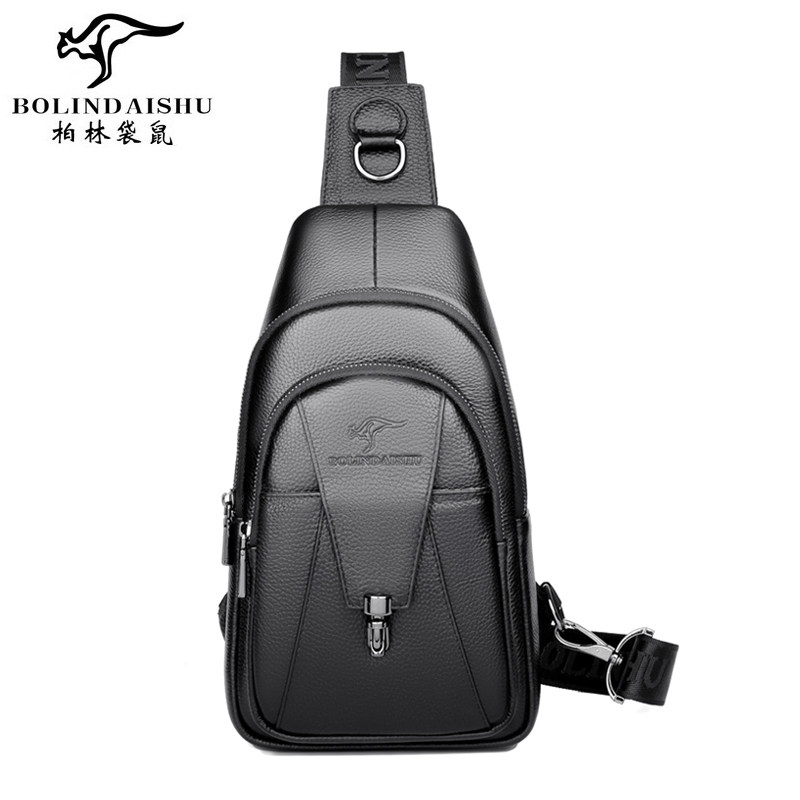 柏林袋鼠头层牛皮胸包复古软皮胸前包户外骑行多功能斜挎单肩背包