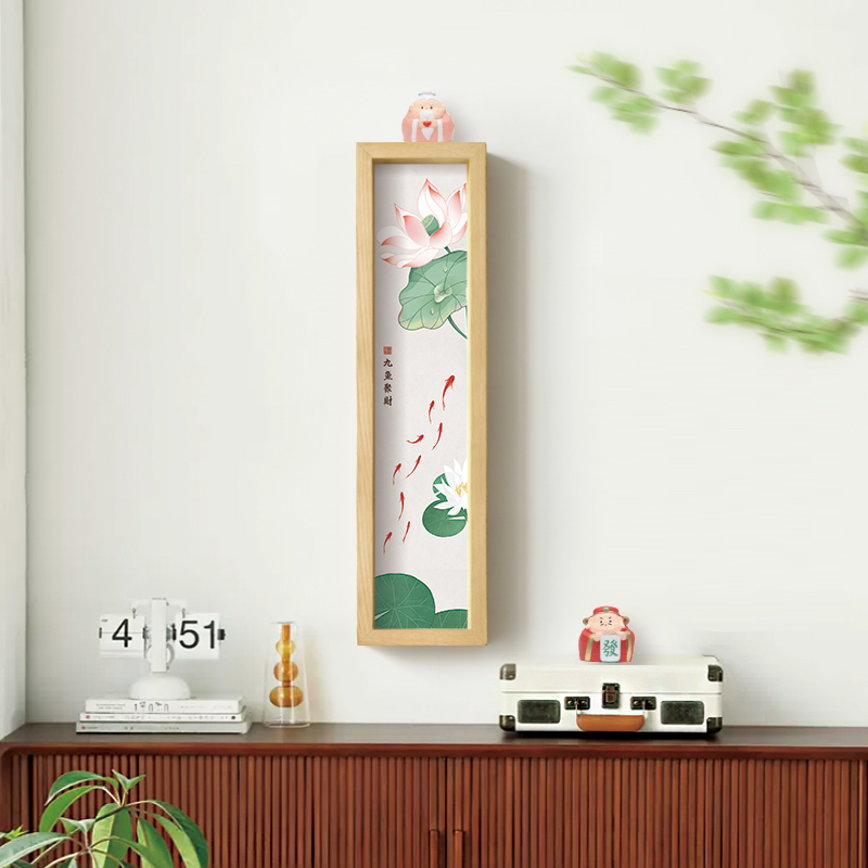 新中式荷花九鱼图好寓意实木免打孔墙面挂画入户斗柜餐边柜墙装饰图片