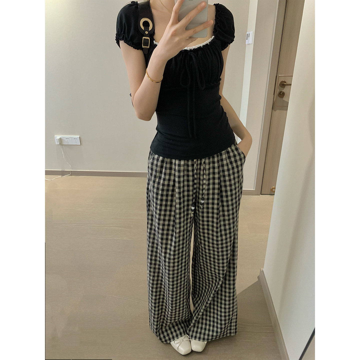 我很懒 定格时光 松弛感宽松显瘦休闲裤女格纹松紧腰阔腿裤长裤