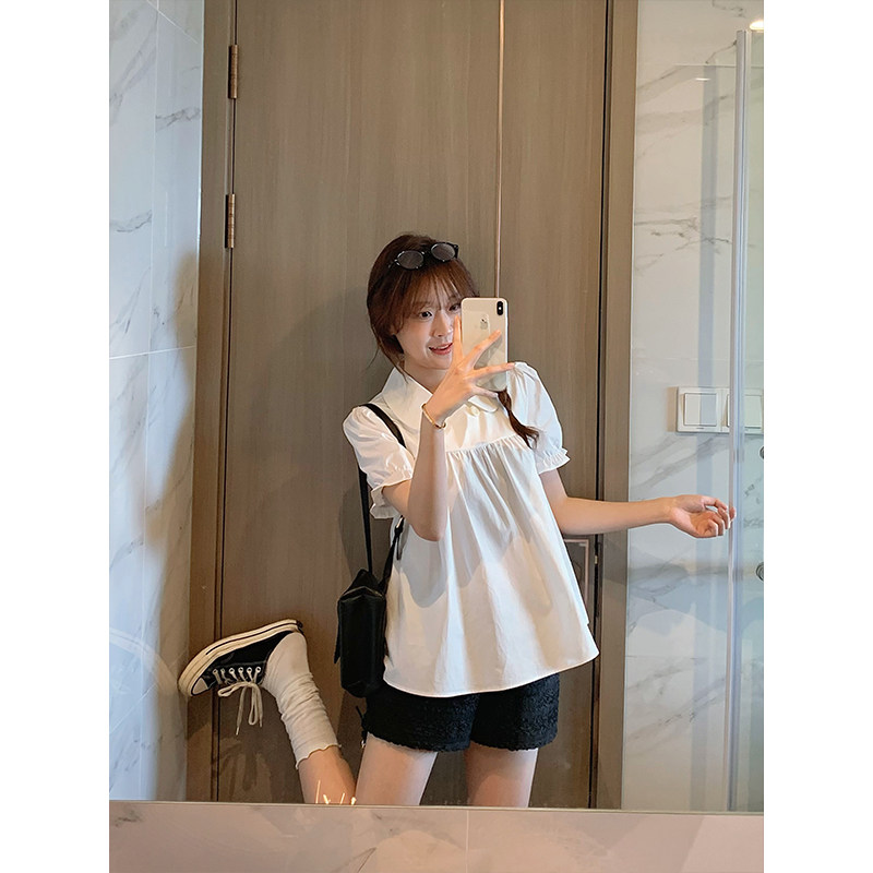 我很懒 苏莉的夏天 甜美娃娃领1OO棉白衬衫女夏宽松显瘦短袖上衣