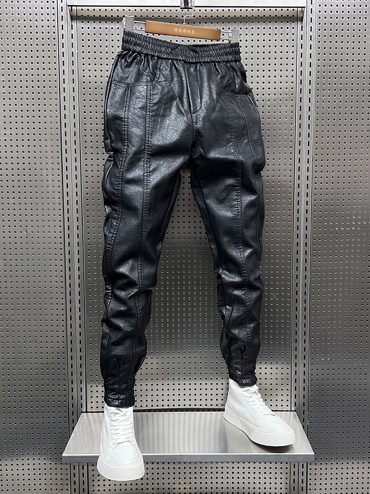 AUTUMN AND WINTER VELVET WARM LEATHER PANTS 2025 SLIM FIT TROUSERS PADDED RIDER LEATHER PANTS WINDPROOF AND VERSATILE CROPPED PANTS