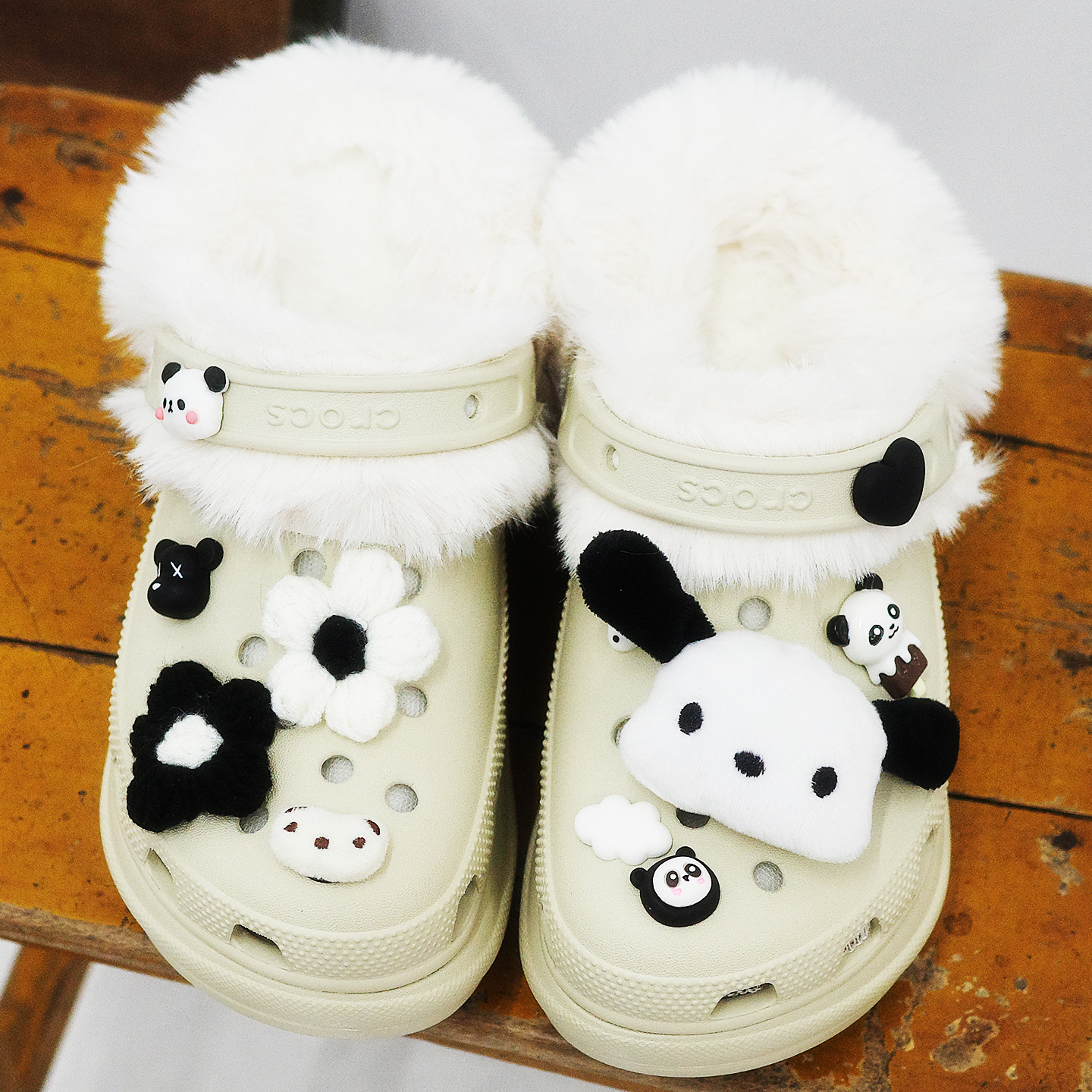 Mkop毛绒洞洞鞋内胆冬天配饰加绒鞋套云朵泡芙适配Cross/Crocs