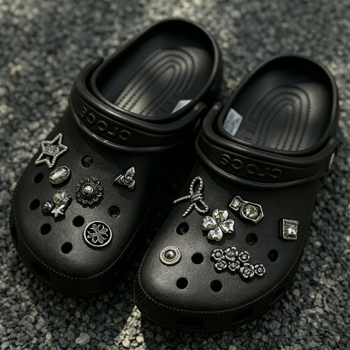 Mkop洞洞鞋配饰鞋扣配件暗夜酷黑玫瑰鞋花装饰扣适配Cross/Crocs