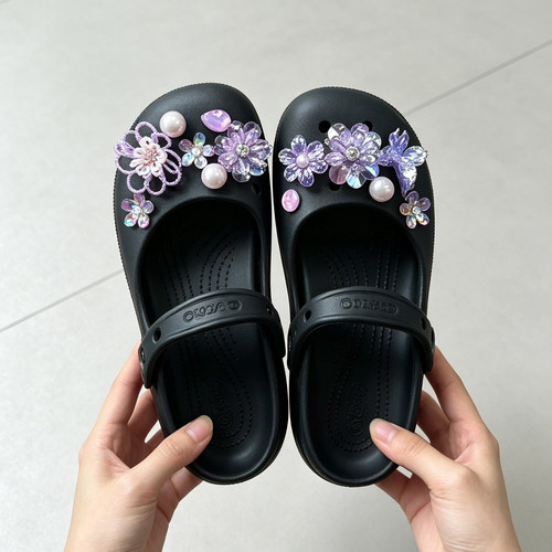 MKOP洞洞鞋配饰高级感鞋扣配件紫幻彩珍珠花鞋花适配Cross/Crocs