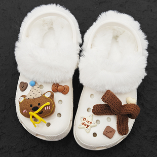 Mkop洞洞鞋内胆毛绒棉冬天配饰鞋套鞋花适配Crocs/Cross云朵泡芙