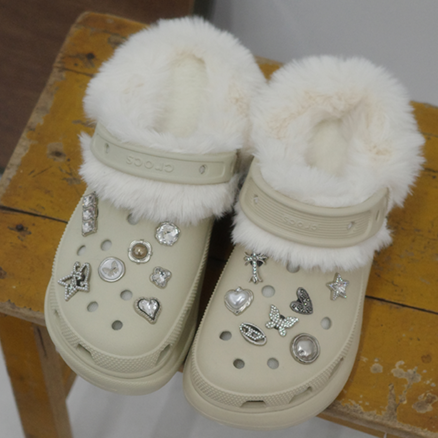 Mkop毛绒洞洞鞋内胆棉可拆卸冬天鞋花云朵泡芙适配Cross/Crocs
