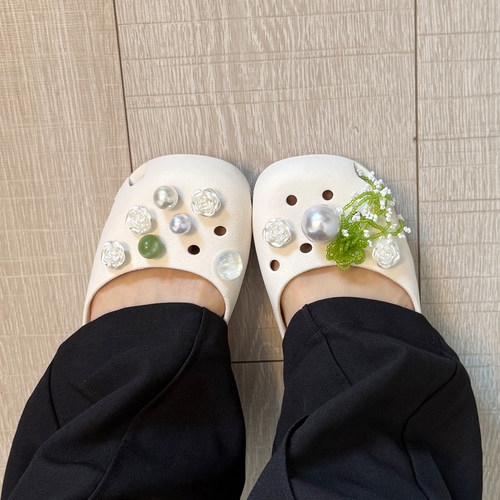 Mkop洞洞鞋配饰鞋扣配件珍珠玫瑰芭蕾舞鞋鞋花适配Cross/Crocs