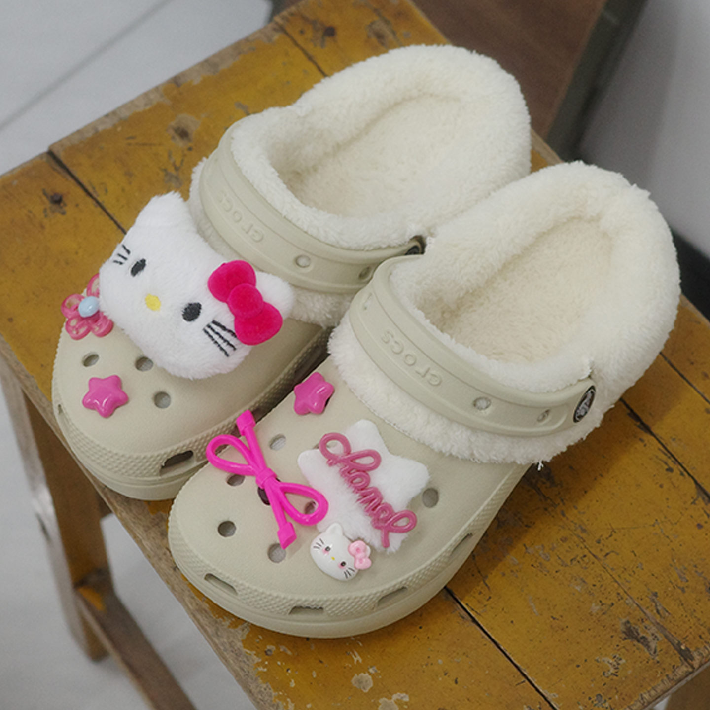 Mkop毛绒洞洞鞋内胆冬天加绒鞋套鞋花云朵泡芙适配Cross/Crocs