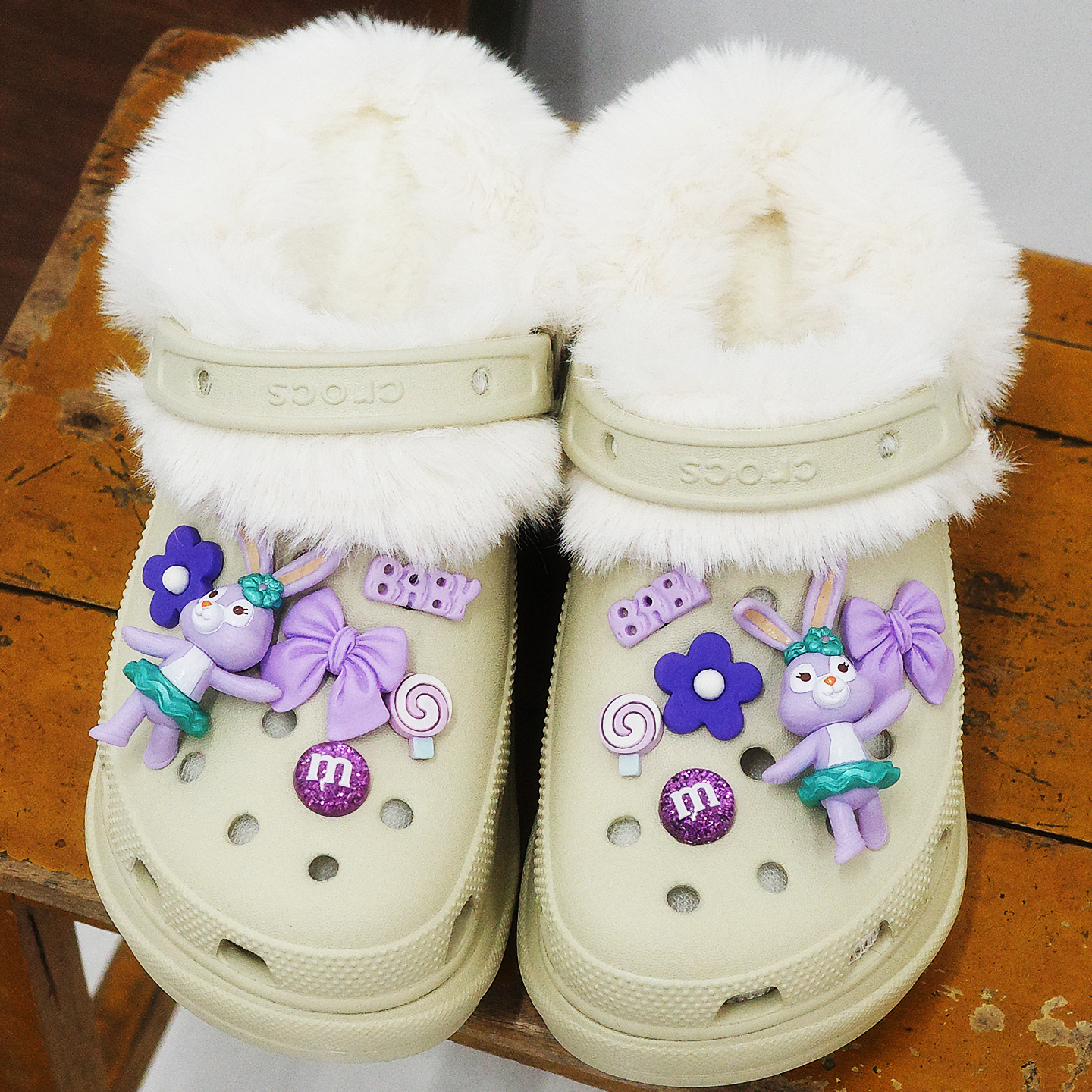Mkop洞洞鞋内胆毛绒棉冬天配饰加绒鞋套云朵泡芙适配Cross/Crocs
