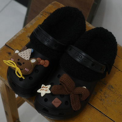 Mkop毛绒洞洞鞋内胆棉可拆卸配饰鞋花适配Cross/Crocs泡芙云朵
