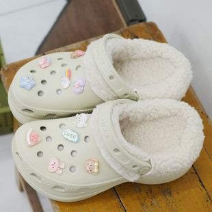 Mkop洞洞鞋毛绒内胆棉冬天配饰鞋套鞋花适配Crocs/Cross泡芙云朵