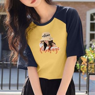 洋气减龄百搭短袖 夏季 撞色休闲T恤韩版 女装 圆领ins上衣 纯棉插肩袖