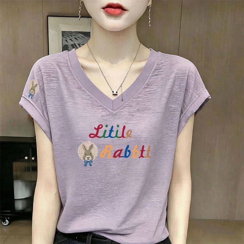 飞飞袖竹节棉V领短袖印花T恤女