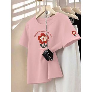 印花ins大码 皮粉时尚 时尚 短袖 洋气通勤百搭上衣 纯棉圆领t恤女夏季