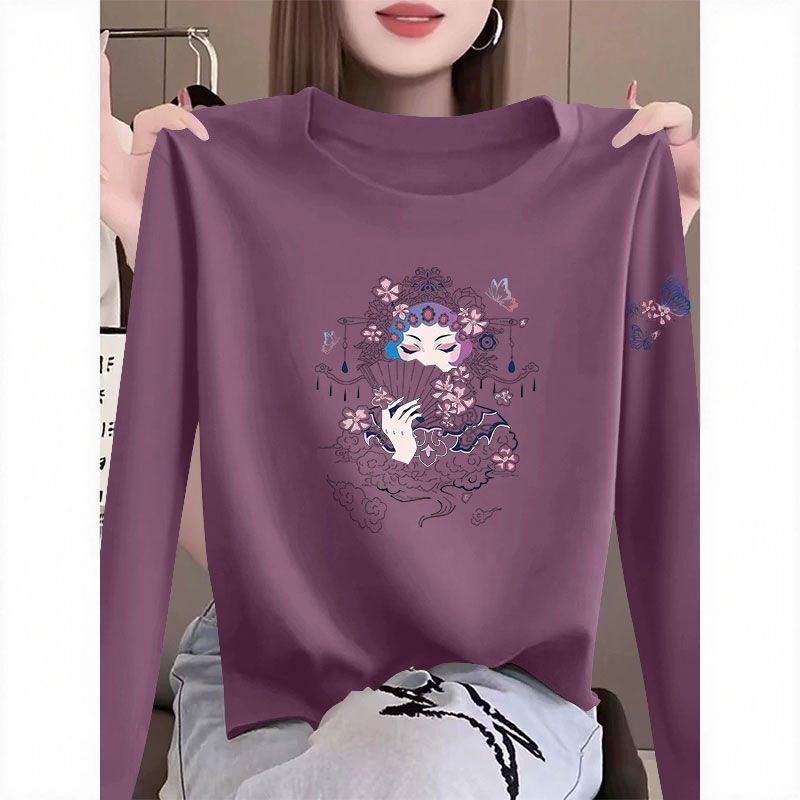 100%纯棉长袖圆领印花T恤女