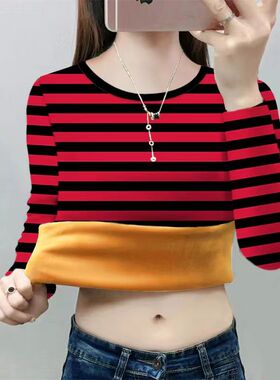 冬季加绒加厚圆领T恤女时尚韩系高档气质保暖遮肉修身ins打底衫女