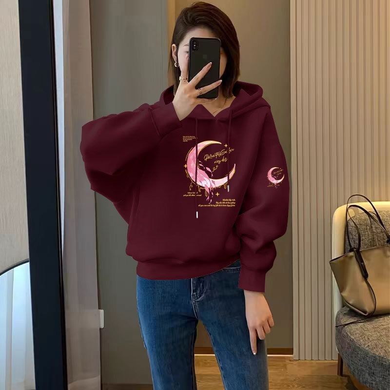 秋冬女士连帽短款加绒加厚卫衣时尚韩版百搭设计感小个子保暖上衣