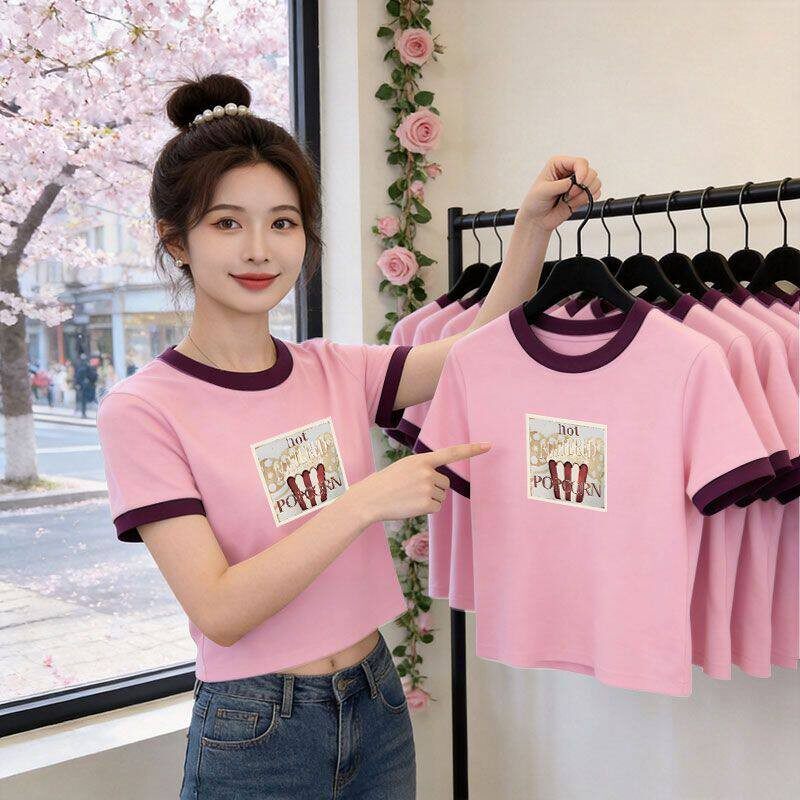纯棉短款印花撞色短袖T恤女