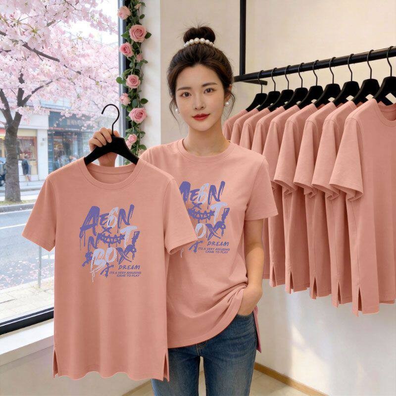纯棉中长款短袖印花T恤女时尚