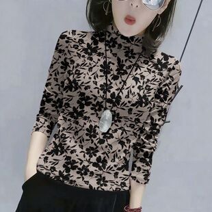 春秋半高领内搭打底衫T恤女时尚洋气韩版减龄百搭水墨风休闲上衣