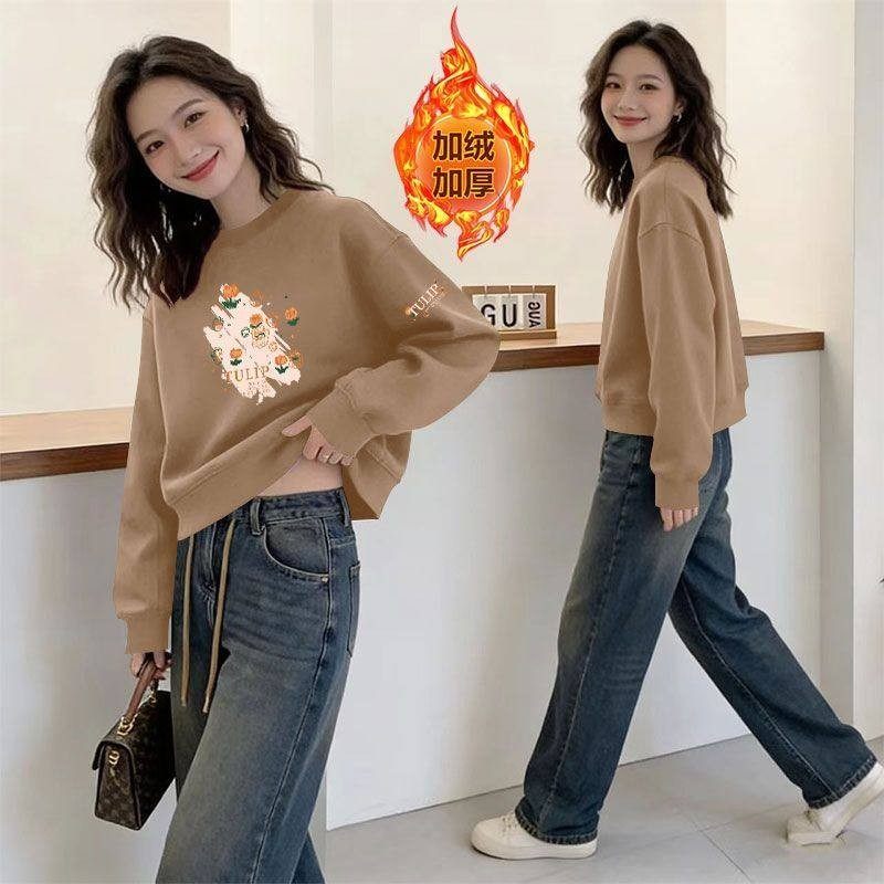 秋冬爆款短款高腰纯棉卫衣女加绒加厚时尚通勤韩版百搭小个子外套