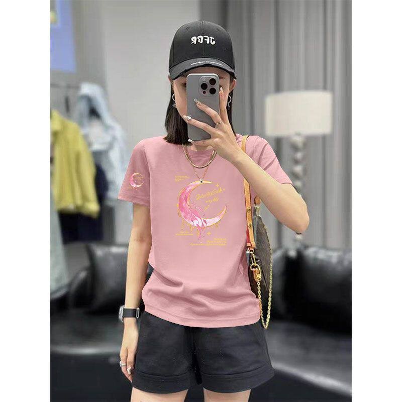 夏季纯棉皮粉色短袖休闲T恤女