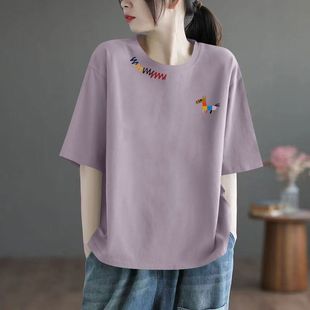 夏季韩版纯棉短袖t恤女时尚宽松中长款通勤气质慵懒风半袖上衣女