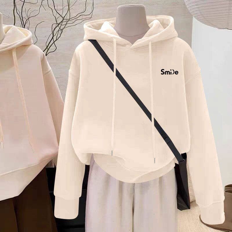 秋冬纯棉连帽短款卫衣女加绒加厚时尚潮流百搭洋气显瘦小个子上衣
