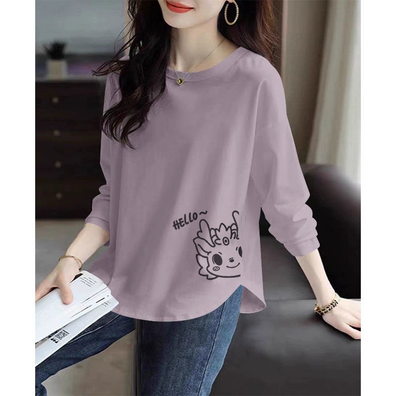 春秋100%纯棉长袖印花圆领T恤女