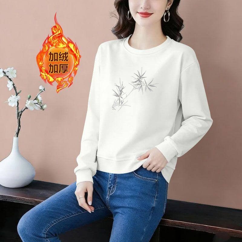 秋冬纯棉加绒加厚短款女士卫衣韩版洋气百搭通勤宽松显瘦印花外套