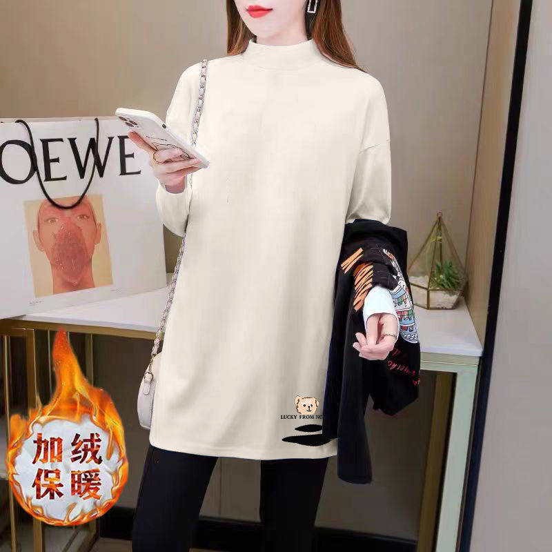 中长款百搭纯棉长袖t恤女大码新款半高领潮流洋气秋冬加绒ins上衣