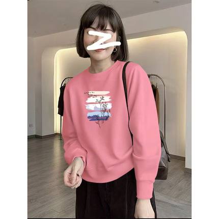 纯棉韩版小个子卫衣女春秋季潮流百搭圆领设计感短款印花长袖上衣