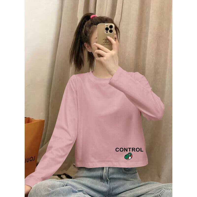 100%纯棉新款高腰短款长袖T恤女春秋时尚洋气潮流百搭小个子上衣