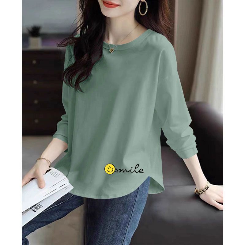 春秋新款长袖印花弧形T恤女时尚通勤百搭宽松遮肉显瘦设计感上衣