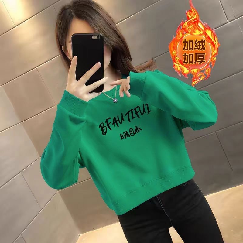 秋冬纯棉加绒加厚短款高腰卫衣女韩版洋气新款百搭显瘦小个子上衣