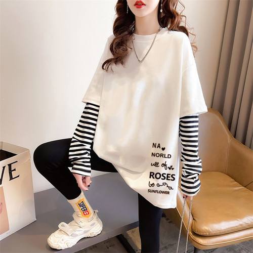 秋冬纯棉假两件打底衫女加绒加厚韩版宽松显瘦百搭中长款内搭T恤