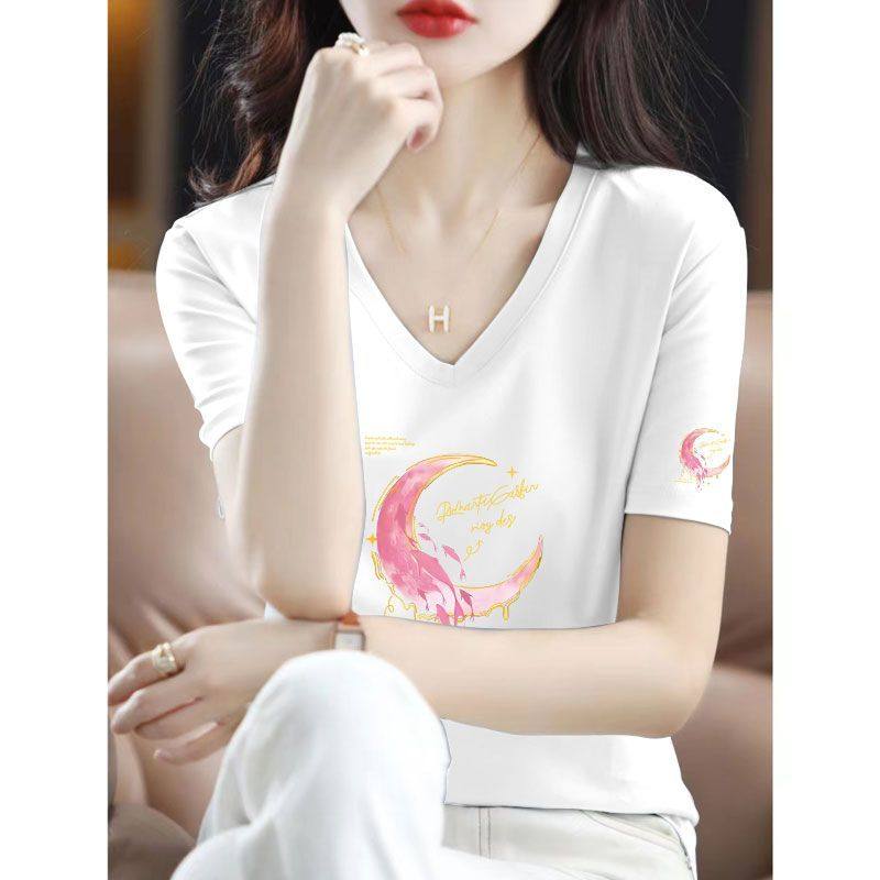 纯棉女士短袖T恤女新款夏季宽松大码V领遮肉遮肚子潮流上衣女汗衫