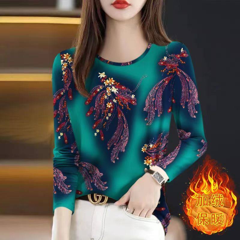 加绒加厚打底衫洋气新款长袖女装卫衣百搭大码秋冬保暖中老年上衣