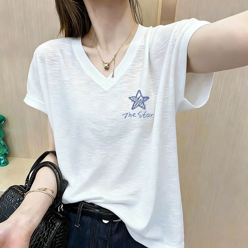 竹节棉白色透气短袖V领T恤女