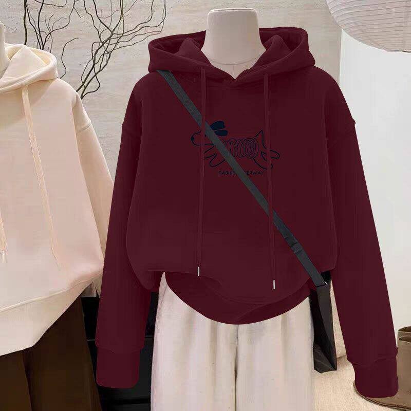 安可拉红加绒加厚纯棉连帽短款卫衣女秋冬新款韩版宽松显瘦上衣服