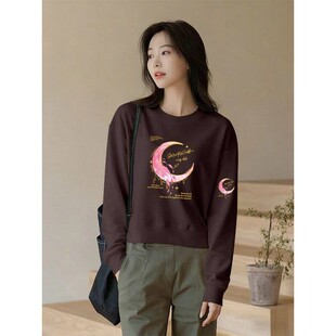 春秋纯棉短款高腰印花卫衣女时尚韩版百搭显瘦不加绒小个子上衣服