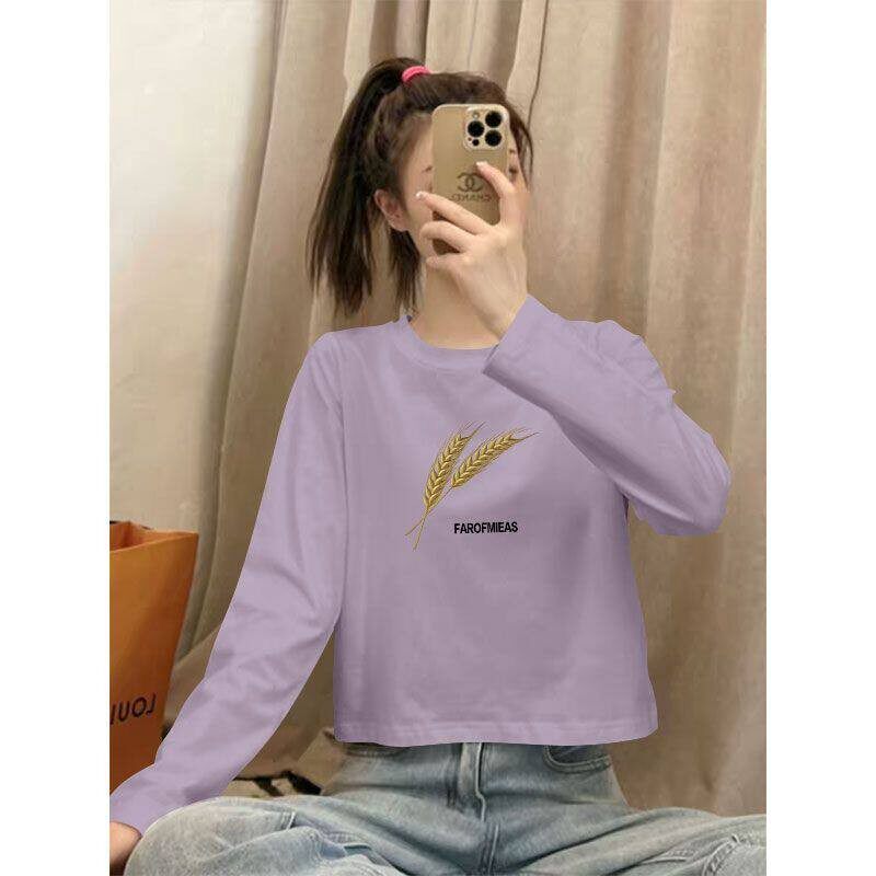 春秋短款高腰印花长袖T恤女时尚新款洋气小个子显瘦打底衫ins上衣