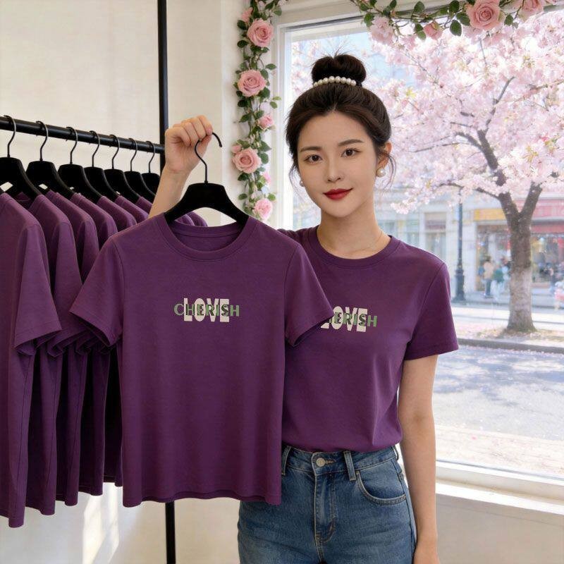 葡萄紫纯棉短袖印花圆领T恤女