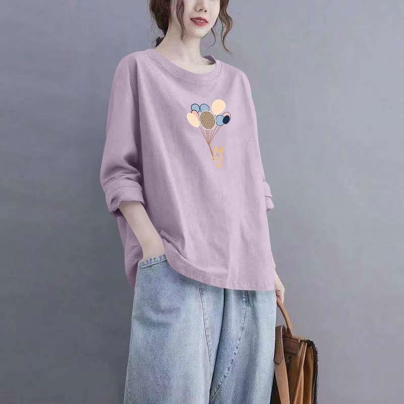 春秋女士纯棉长袖印花T恤韩版洋气通勤百搭简约内搭打底衫上衣服