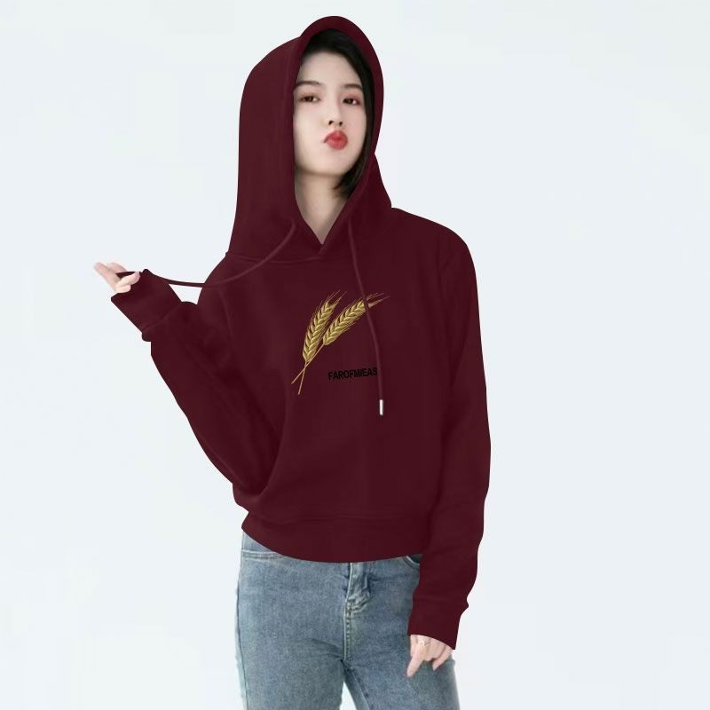 安可拉红加绒加厚纯棉连帽短款卫衣女秋冬时尚洋气百搭小个子外套